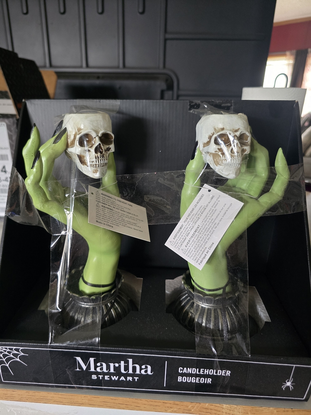 Martha Stewart Lime Green Witch Hand Candleholders with Skull Tops - Set of 2